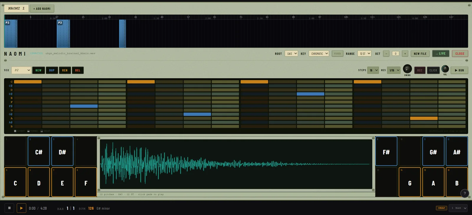 NAOMI melodic sequencer with chromatic pad layout