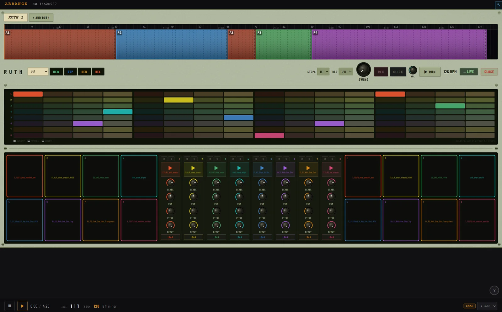 RUTH drum machine step sequencer with loaded one-shots