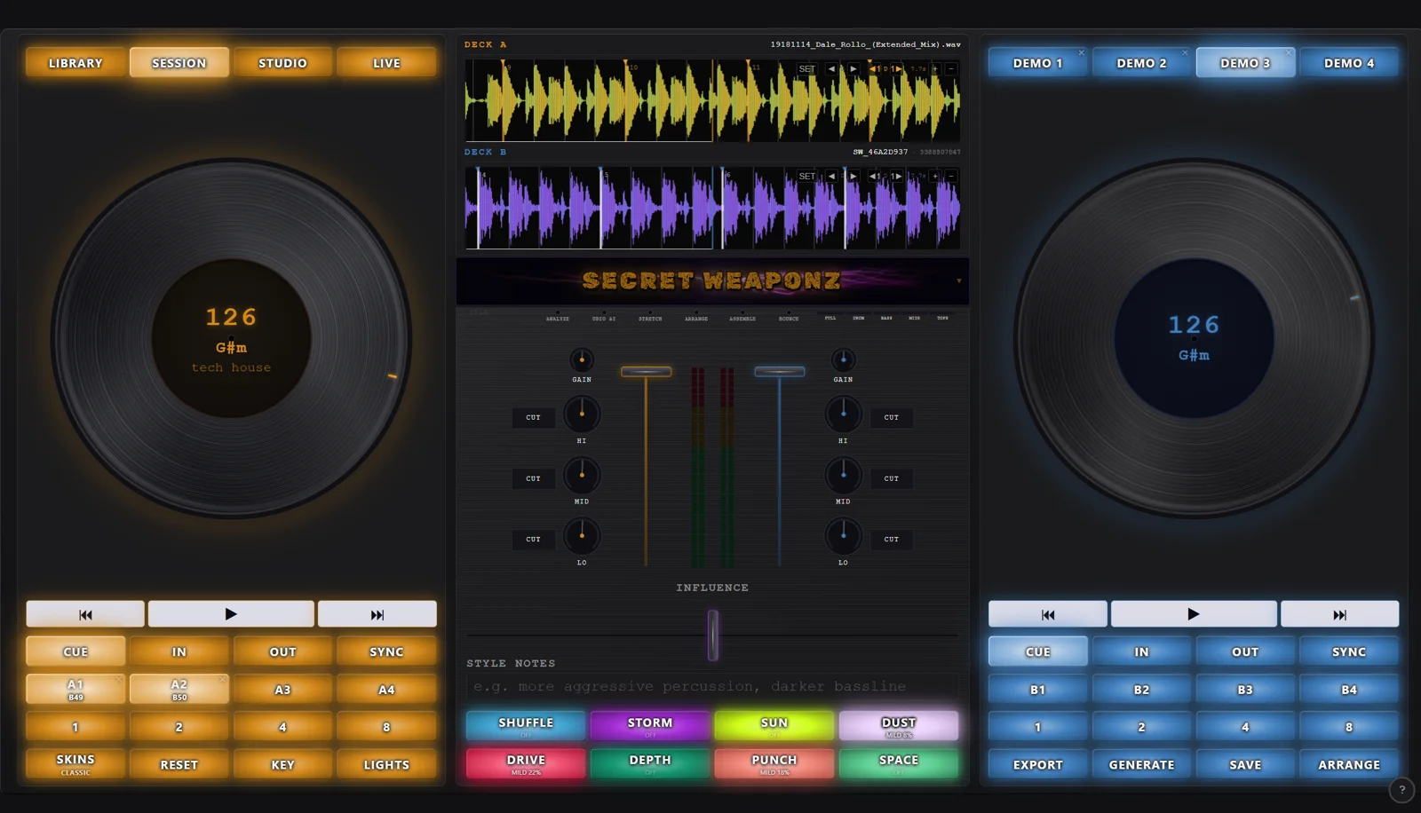 Session view with twin decks, waveforms, and mixer